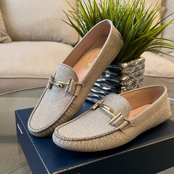 Tod's Shoes - Tod's Gold Glitter Double T Slip On Loafers